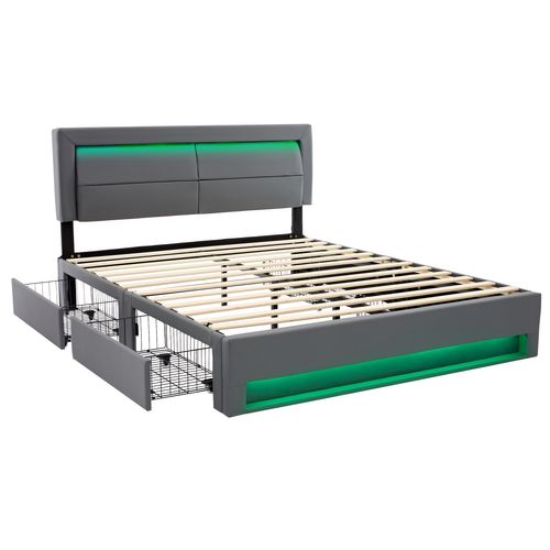 Lit Adulte 140x190 Cm, Lit 2 Place Avec Port De Charge USB Et Éclairage LED, 4 Tiroirs, Pu, ​​gris