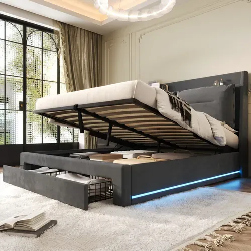 Lit Coffre LED 140x190 Cm, Lit 2 Place Pour Adulte, Tiroir De Rangement 2 En 1, Velours, Gris