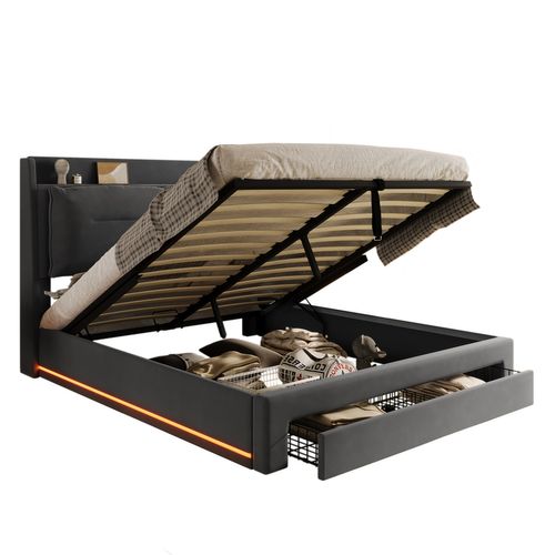 Lit Coffre LED 140x190 Cm, Lit 2 Place Pour Adulte, Tiroir De Rangement 2 En 1, Velours, Gris