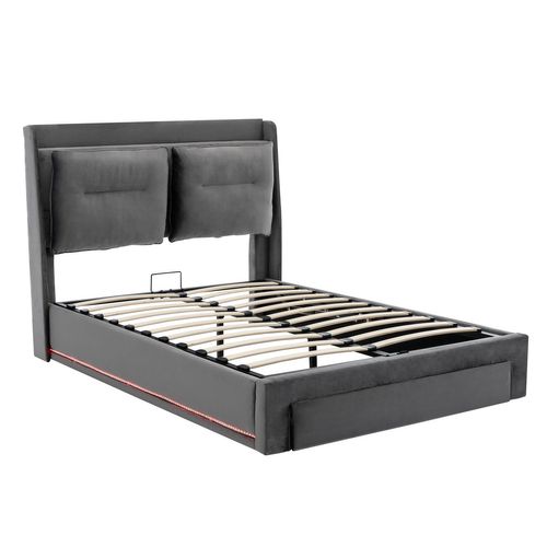 Lit Coffre LED 140x190 Cm, Lit 2 Place Pour Adulte, Tiroir De Rangement 2 En 1, Velours, Gris