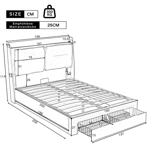 Lit Coffre LED 160x200 Cm, Lit 2 Place Pour Adulte, Tiroir De Rangement 2 En 1, Velours, Gris
