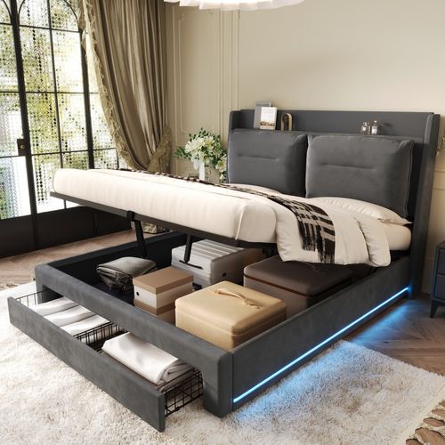Lit Coffre LED 160x200 Cm, Lit 2 Place Pour Adulte, Tiroir De Rangement 2 En 1, Velours, Gris