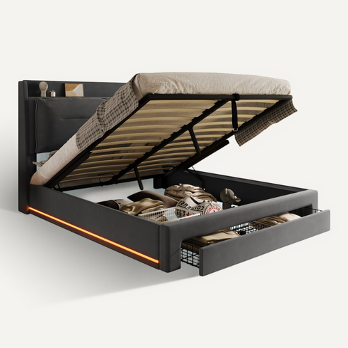 Lit Coffre LED 160x200 Cm, Lit 2 Place Pour Adulte, Tiroir De Rangement 2 En 1, Velours, Gris