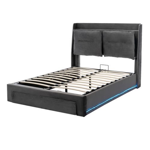 Lit Coffre LED 160x200 Cm, Lit 2 Place Pour Adulte, Tiroir De Rangement 2 En 1, Velours, Gris