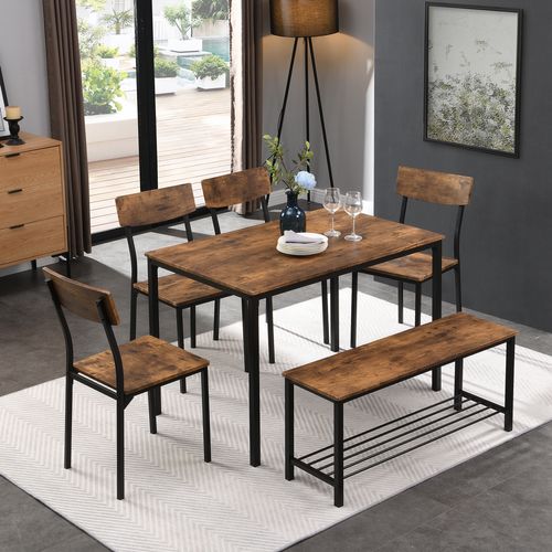 Ensemble Table + 4 Chaise, Ensemble De Table à Manger Avec Banc Pour 6 Personnes, Marron Vintage
