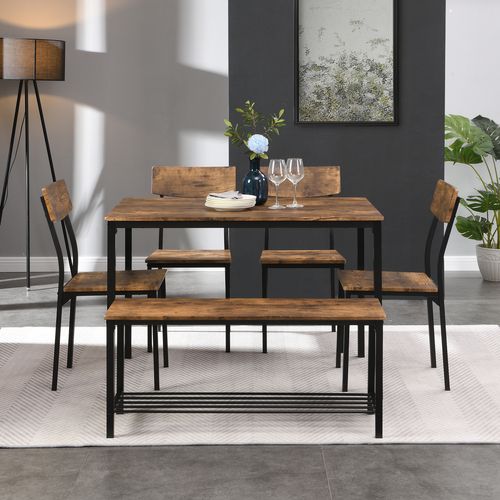 Ensemble Table + 4 Chaise, Ensemble De Table à Manger Avec Banc Pour 6 Personnes, Marron Vintage