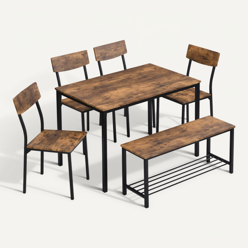 Ensemble Table + 4 Chaise, Ensemble De Table à Manger Avec Banc Pour 6 Personnes, Marron Vintage