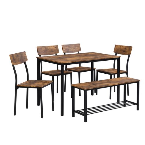 Ensemble Table + 4 Chaise, Ensemble De Table à Manger Avec Banc Pour 6 Personnes, Marron Vintage
