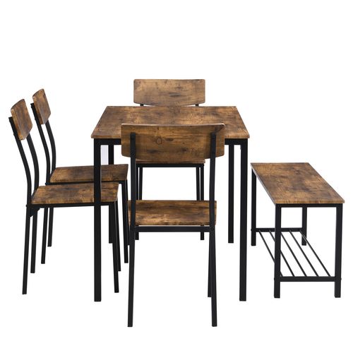 Ensemble Table + 4 Chaise, Ensemble De Table à Manger Avec Banc Pour 6 Personnes, Marron Vintage