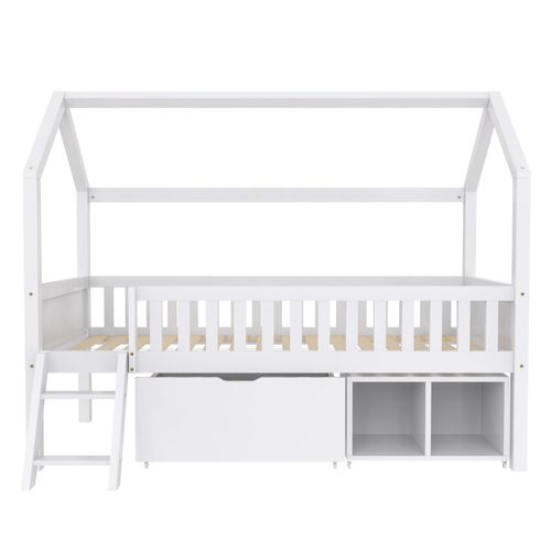 Lit Cabane Enfant Merax 90x200 Cm - Avec étagères, Porte, Tableau Noir - Blanc, Sans Matelas - 9
