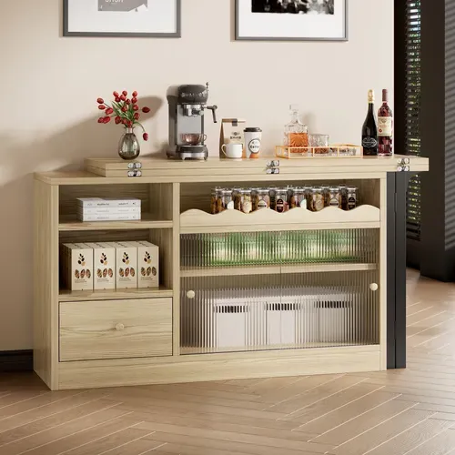 Table De Bar Pliante Rétractable, Buffet Rotatif Avec Espace De Rangement, Couleur Naturelle + Noir