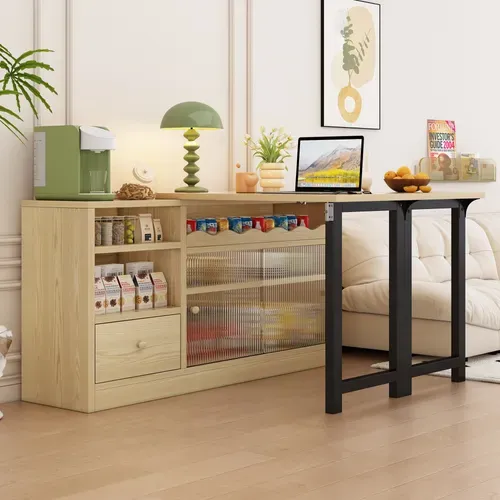 Table De Bar Pliante Rétractable, Buffet Rotatif Avec Espace De Rangement, Couleur Naturelle + Noir