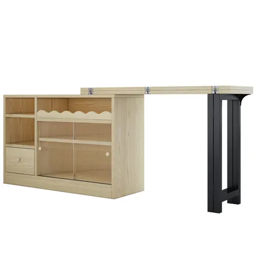 Table De Bar Pliante Rétractable, Buffet Rotatif Avec Espace De Rangement, Couleur Naturelle + Noir