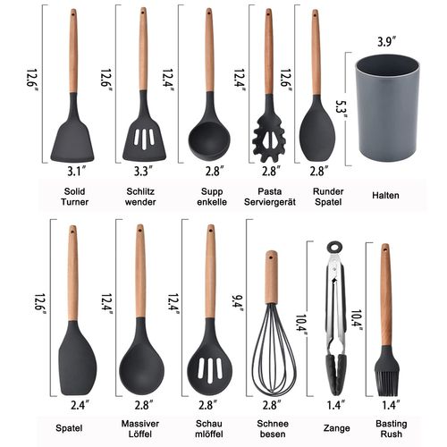 Lot De 12 Ustensiles De Cuisine En Silicone Avec Manche En Bois, Résistant à La Chaleur, Gris