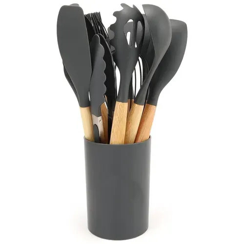 Lot De 12 Ustensiles De Cuisine En Silicone Avec Manche En Bois, Résistant à La Chaleur, Gris