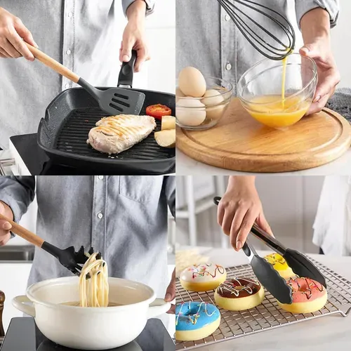 Lot De 12 Ustensiles De Cuisine En Silicone Avec Manche En Bois, Résistant à La Chaleur, Gris