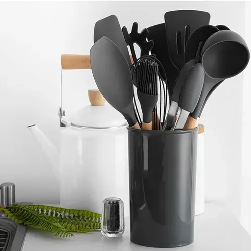 Lot De 12 Ustensiles De Cuisine En Silicone Avec Manche En Bois, Résistant à La Chaleur, Gris