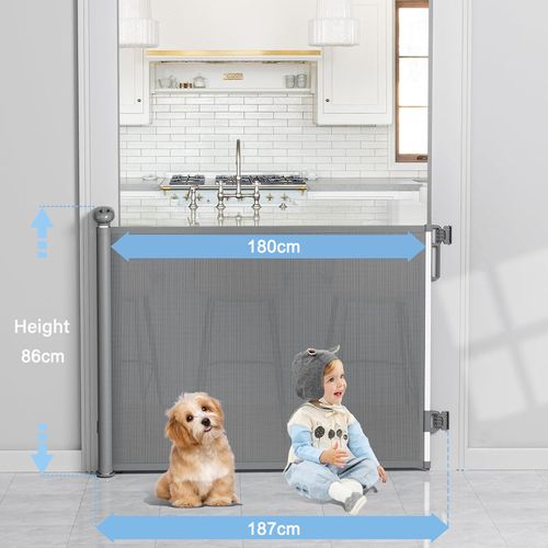 Barrière De Sécurité Rétractable Gris De 180cm - Verrouillage Double à Une Main - Pour Bébé, Enfant