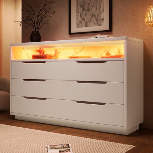 Commode Avec Éclairage LED Et 6 Tiroirs, Compartiment Avec Grain De Marbre, 120x40x85cm, Blanc