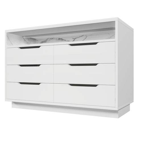 Commode Avec Éclairage LED Et 6 Tiroirs, Compartiment Avec Grain De Marbre, 120x40x85cm, Blanc