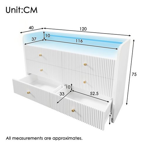 Commode 120 X 40 X 75 Cm Avec Éclairage LED Et 6 Tiroirs, Design Ondulé, Meuble Moderne, Blanc