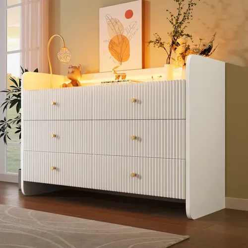 Commode 120 X 40 X 75 Cm Avec Éclairage LED Et 6 Tiroirs, Design Ondulé, Meuble Moderne, Blanc