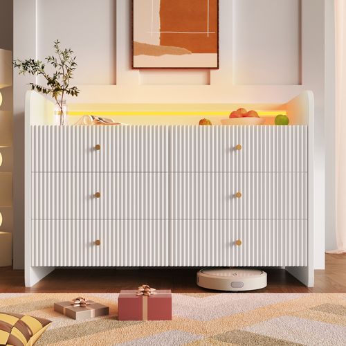 Commode 120 X 40 X 75 Cm Avec Éclairage LED Et 6 Tiroirs, Design Ondulé, Meuble Moderne, Blanc