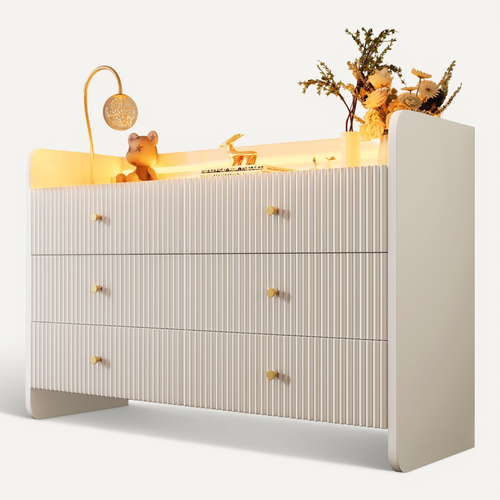 Commode 120 X 40 X 75 Cm Avec Éclairage LED Et 6 Tiroirs, Design Ondulé, Meuble Moderne, Blanc