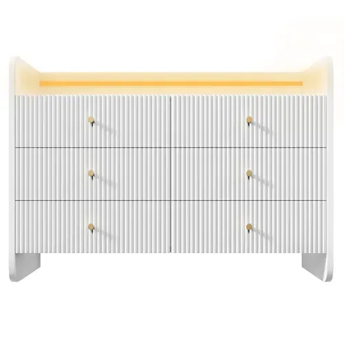 Commode 120 X 40 X 75 Cm Avec Éclairage LED Et 6 Tiroirs, Design Ondulé, Meuble Moderne, Blanc