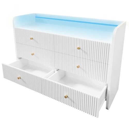 Commode 120 X 40 X 75 Cm Avec Éclairage LED Et 6 Tiroirs, Design Ondulé, Meuble Moderne, Blanc
