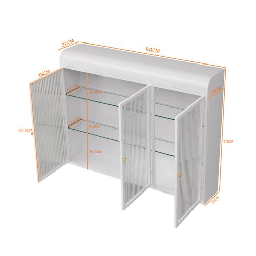 Armoire Murale Cintrée 90x20x70 Cm En Verre à 3 Portes, Pour Salle De Bain, Métal, Blanc