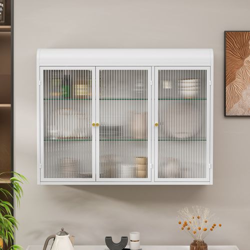 Armoire Murale Cintrée 90x20x70 Cm En Verre à 3 Portes, Pour Salle De Bain, Métal, Blanc