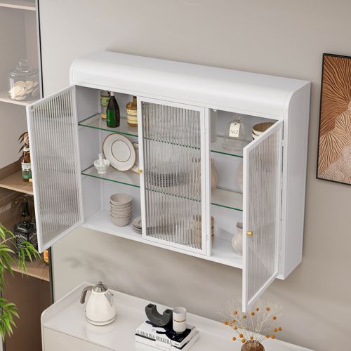 Armoire Murale Cintrée 90x20x70 Cm En Verre à 3 Portes, Pour Salle De Bain, Métal, Blanc