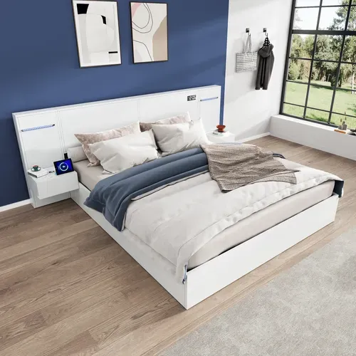 Lit Double En Bois 180x200cm,avec USB, LED, Expérience Intelligent, 2 Tables De Chevet, Blanc