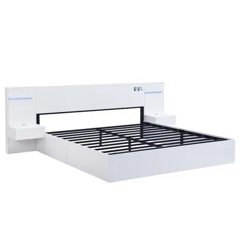 Lit Double En Bois 180x200cm,avec USB, LED, Expérience Intelligent, 2 Tables De Chevet, Blanc