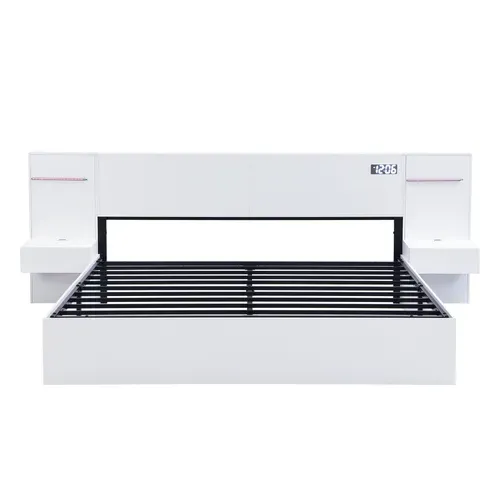 Lit Double En Bois 180x200cm,avec USB, LED, Expérience Intelligent, 2 Tables De Chevet, Blanc