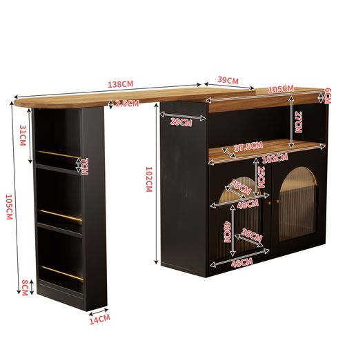 Table De Bar Rétractable Moderne 138-193 X 39 X 105 Cm Avec Espace De Rangement, LED, Mdf, Noir