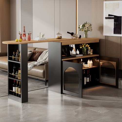 Table De Bar Rétractable Moderne 138-193 X 39 X 105 Cm Avec Espace De Rangement, LED, Mdf, Noir