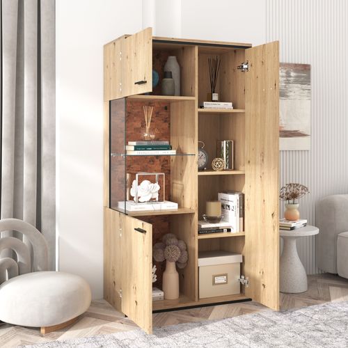 Vitrine Moderne 77.5lx40lx150h Cm, Avec Éclairage LED, Porte Vitrée, Mdf, Grain De Bois