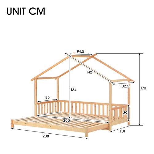 Lit Gigogne Lit Cabane Enfant 90/180 X200, Bois De Pin Massif, Couleur Naturelle