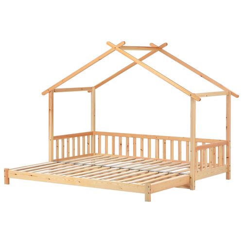 Lit Gigogne Lit Cabane Enfant 90/180 X200, Bois De Pin Massif, Couleur Naturelle