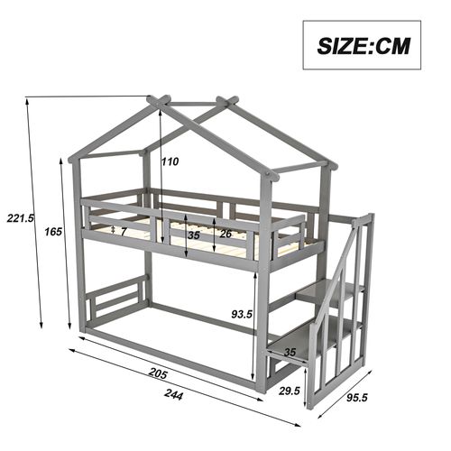 Lit Enfant Lit Superposé Bas 90x200cm, Lit Cabane Avec Escalier De Sécurité, Clôtures, Gris