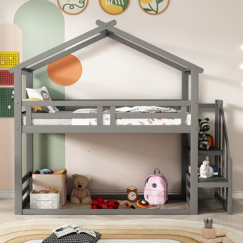 Lit Enfant Lit Superposé Bas 90x200cm, Lit Cabane Avec Escalier De Sécurité, Clôtures, Gris