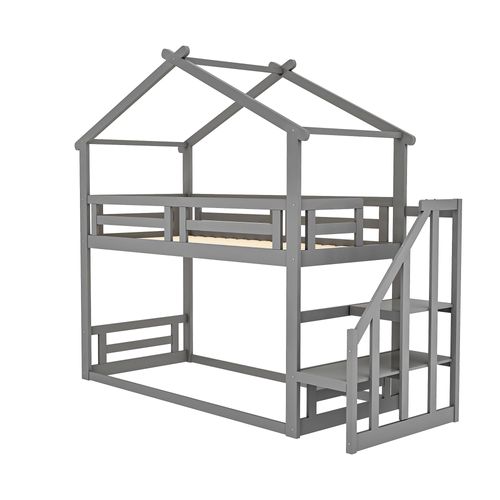 Lit Enfant Lit Superposé Bas 90x200cm, Lit Cabane Avec Escalier De Sécurité, Clôtures, Gris