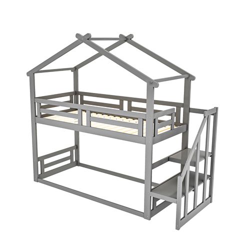Lit Enfant Lit Superposé Bas 90x200cm, Lit Cabane Avec Escalier De Sécurité, Clôtures, Gris