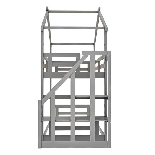 Lit Enfant Lit Superposé Bas 90x200cm, Lit Cabane Avec Escalier De Sécurité, Clôtures, Gris