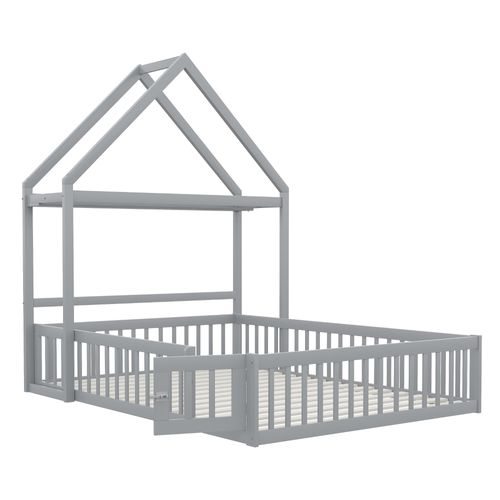 Lit Double 140 X 200cm, Lit Cabane Avec Espace De Rangement, Clôtures Et Porte, Gris