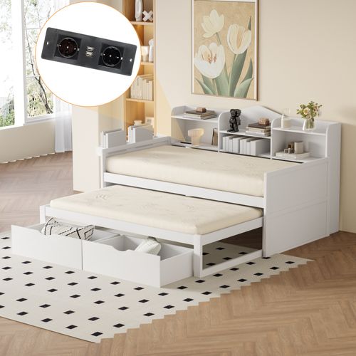 Lit Gigogne Lit Enfant En Bois 90x200/190 Cm, Prise USB Et 2 Tiroirs, Niches De Rangement, Blanc
