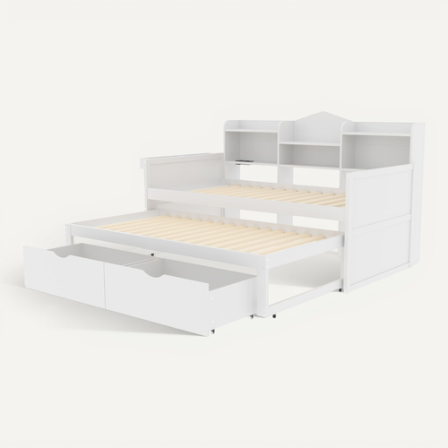 Lit Gigogne Lit Enfant En Bois 90x200/190 Cm, Prise USB Et 2 Tiroirs, Niches De Rangement, Blanc