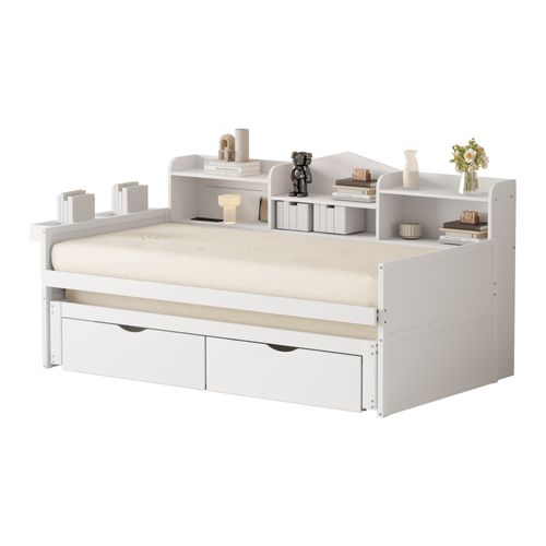 Lit Gigogne Lit Enfant En Bois 90x200/190 Cm, Prise USB Et 2 Tiroirs, Niches De Rangement, Blanc